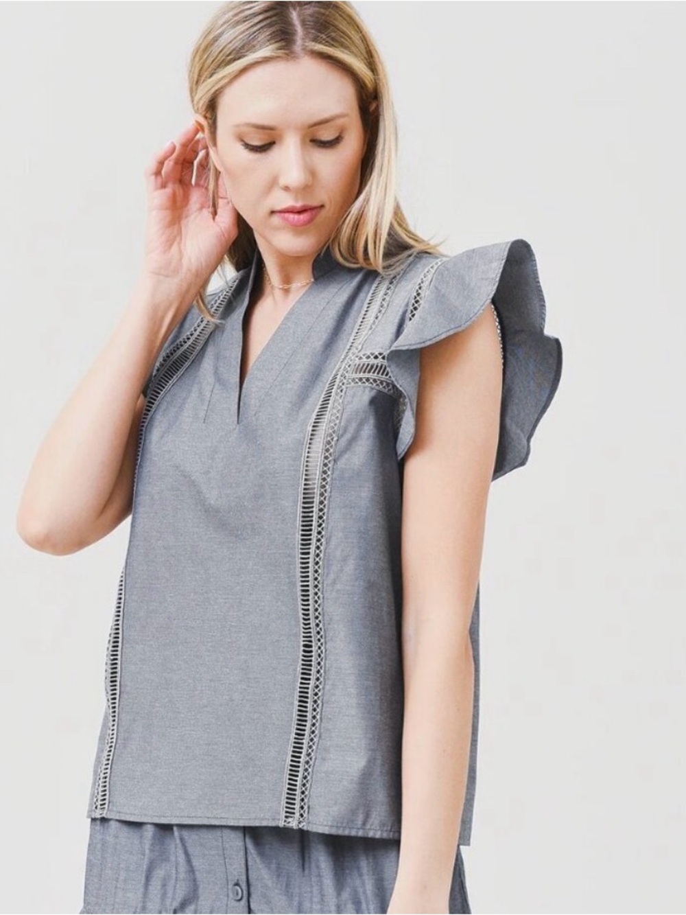 Brochu Walker Gray Flutter-Sleeve V-Neck Top